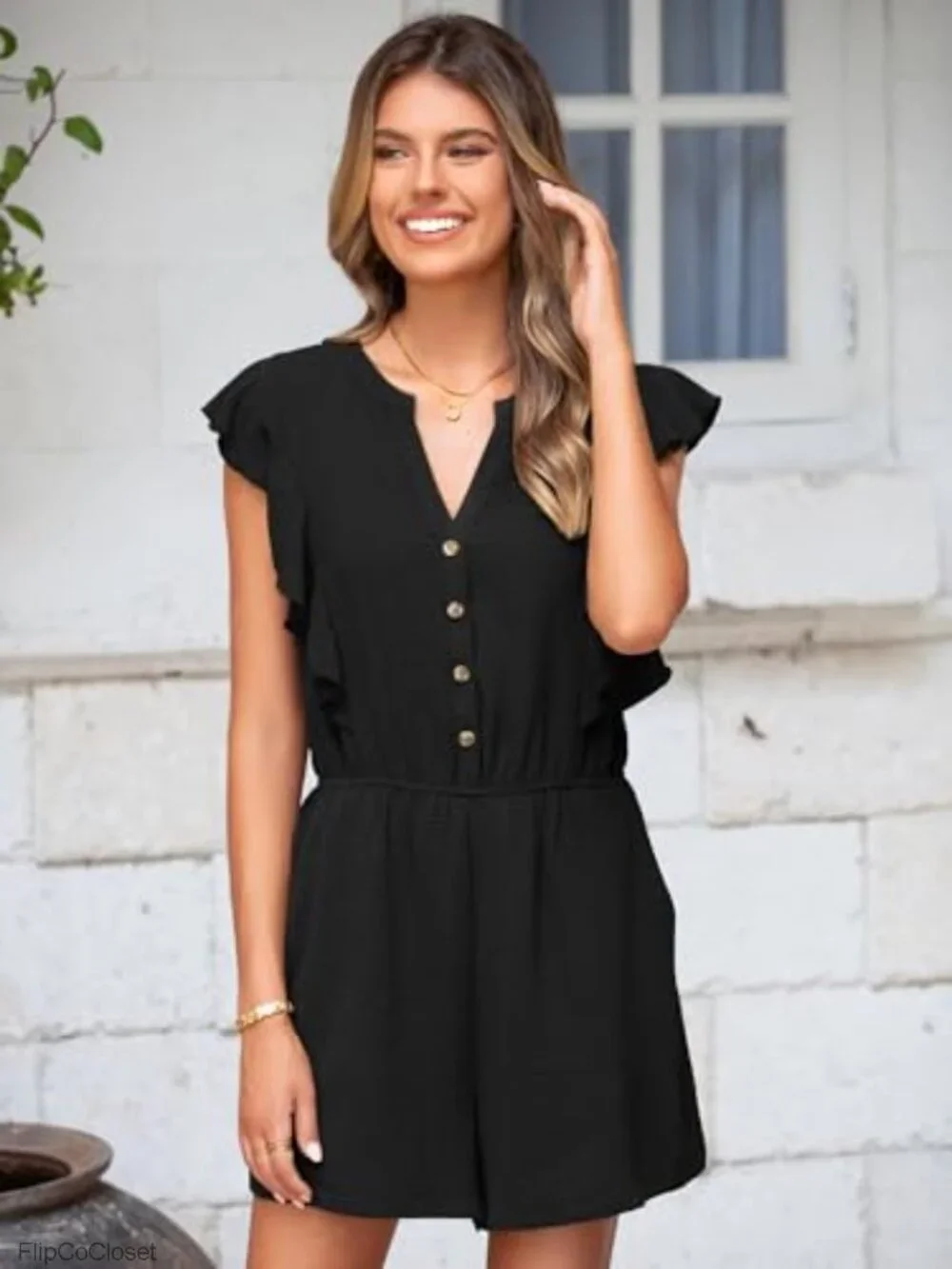 Women's Flutter Sleeve Wide Leg Romper with Pockets, V-Neck Button Down